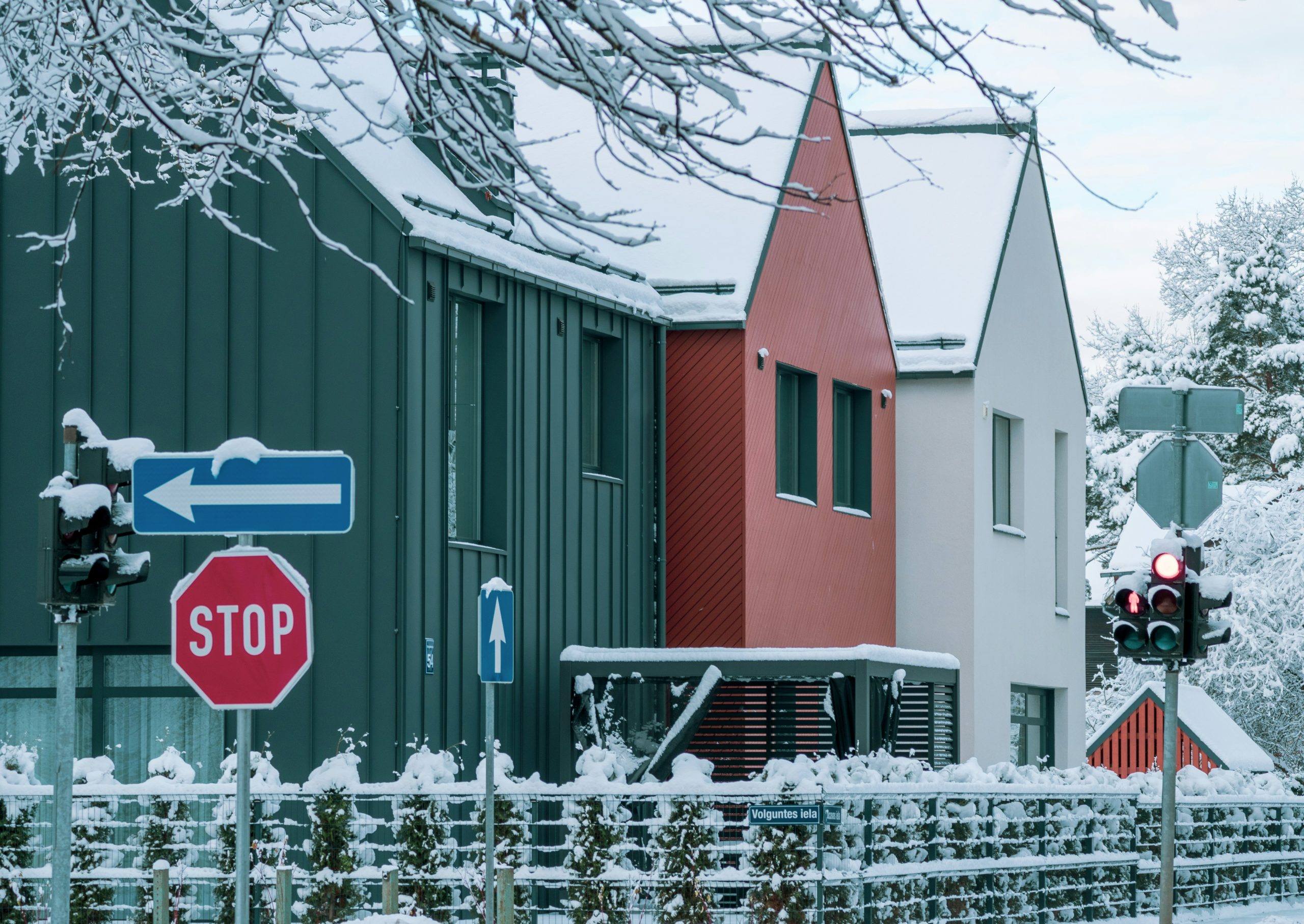 multi-colored houses with snow